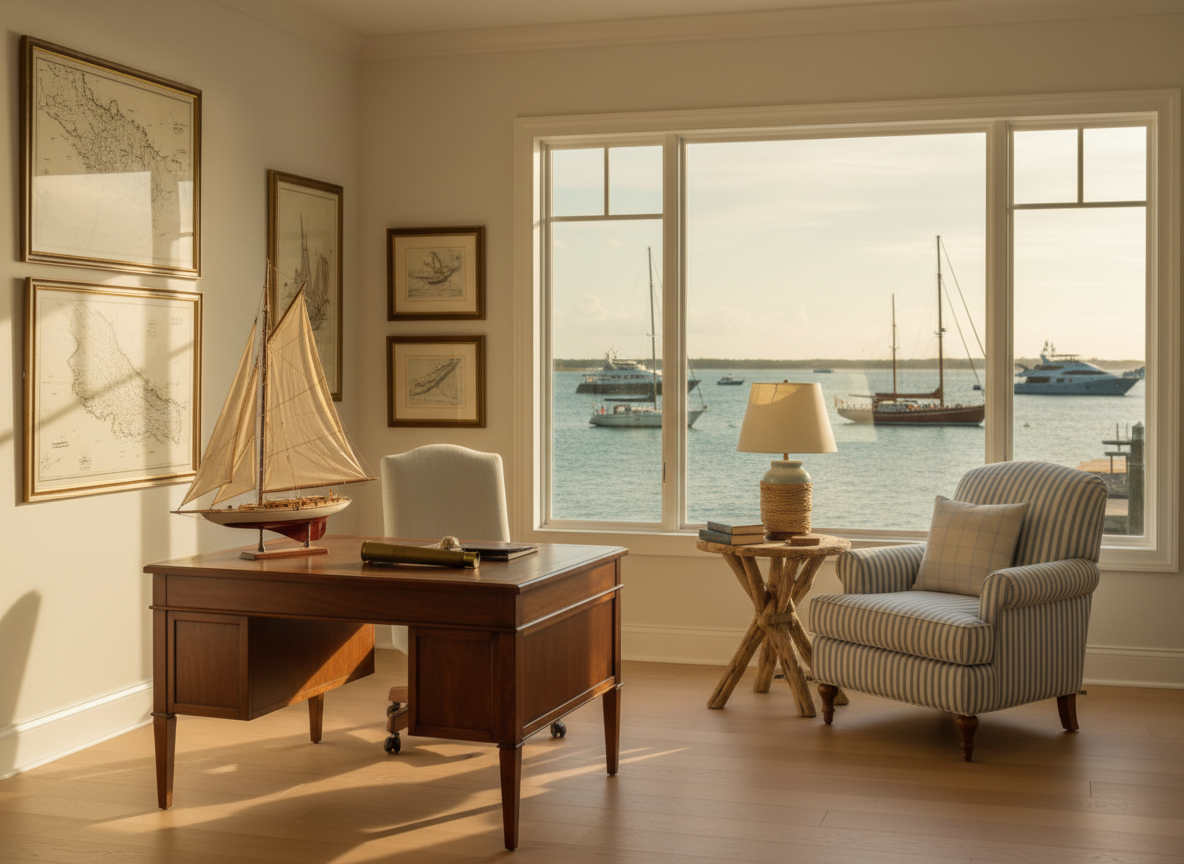 A relaxing, sunlit nautical-themed office interior with natural light, coastal décor, comfortable seating, and a peaceful professional atmosphere.