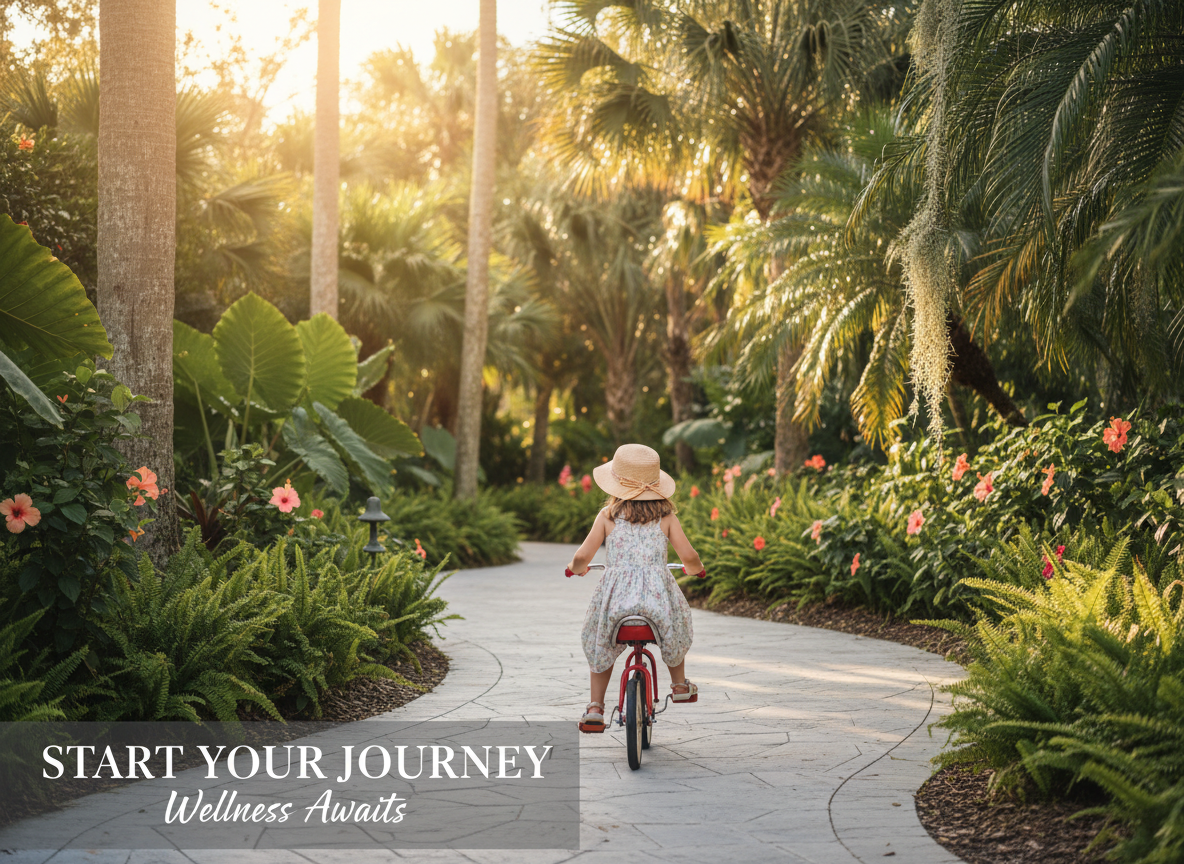 A clear, high-resolution photo of a young girl riding a tricycle with her back to the camera, on a winding path surrounded by lush, Florida-style tropical plants and greenery, warm natural daylight, gentle and hopeful mood, suitable as a call-to-action image for a mental health and wellness website.